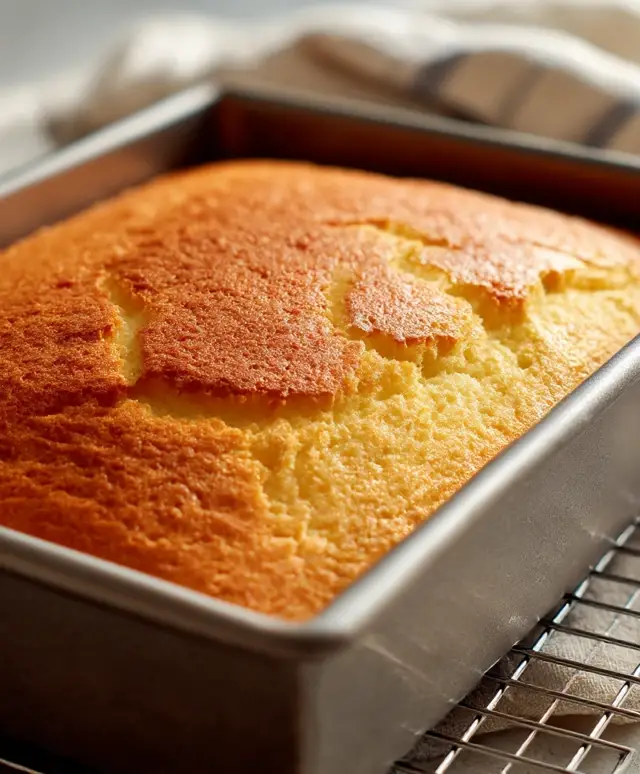 Freshly baked vanilla cake cooling in pan