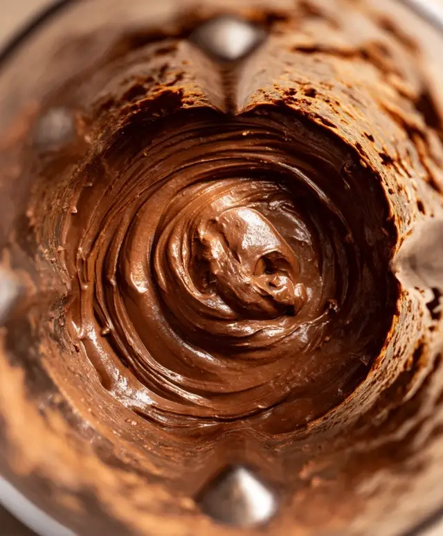 top view of blended chocolate avocado pudding in blender