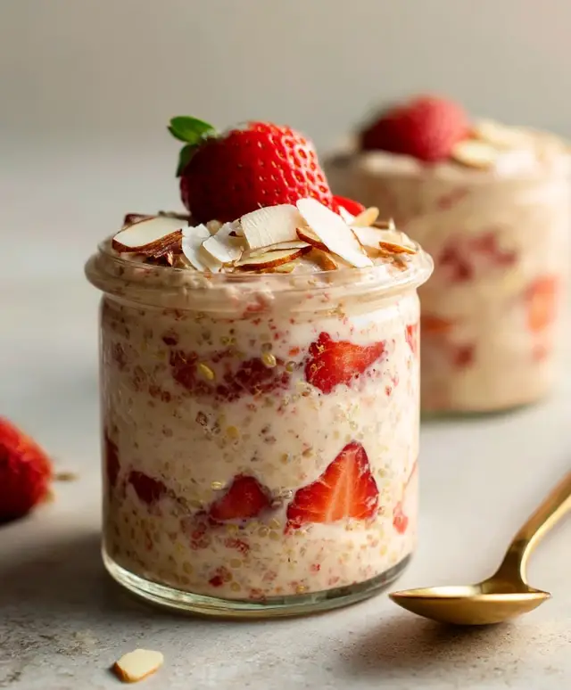 Close-up of strawberry overnight oats recipe showing creamy oats, quinoa, and coconut