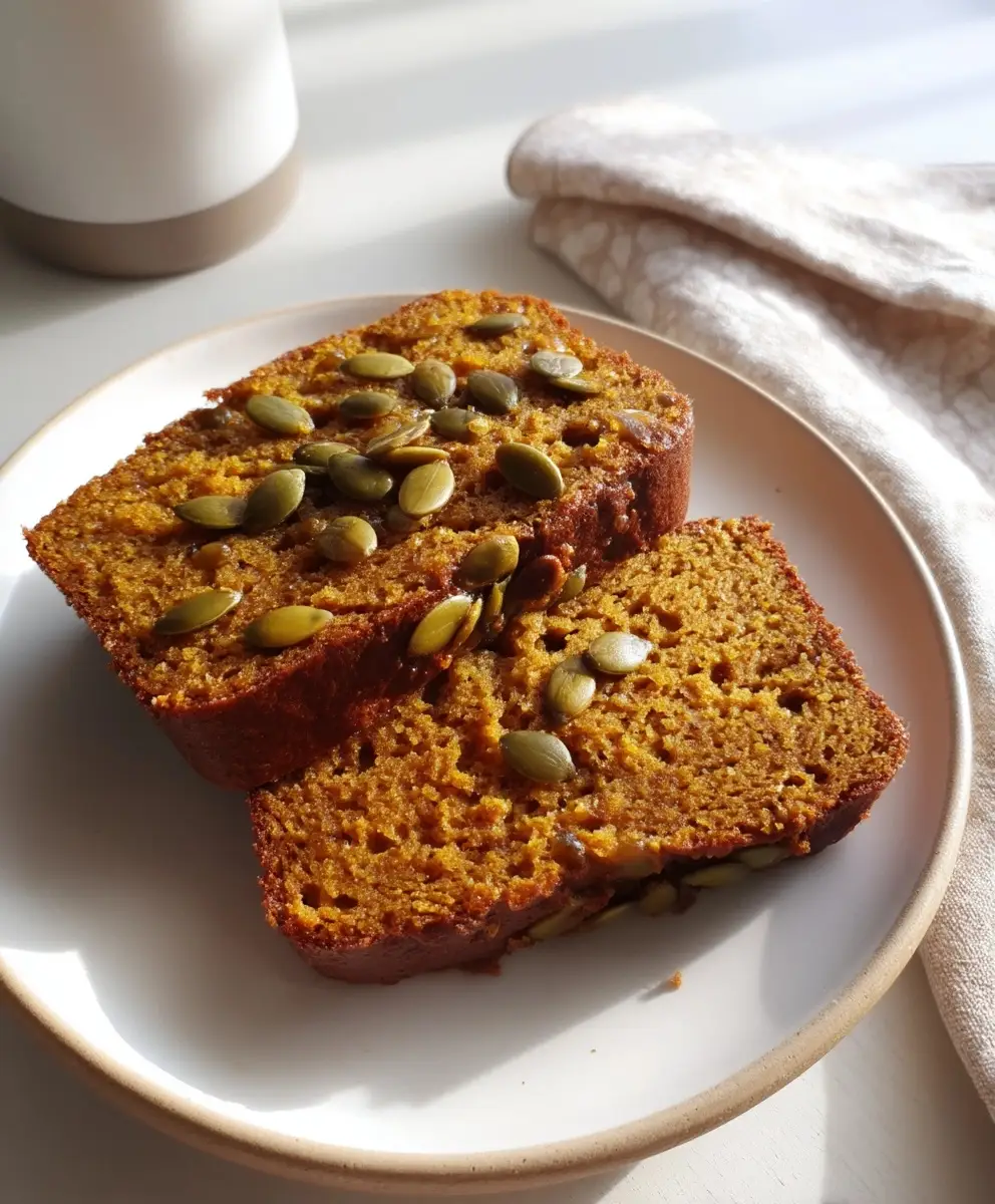 Slices of gluten free pumpkin bread served on a white plate