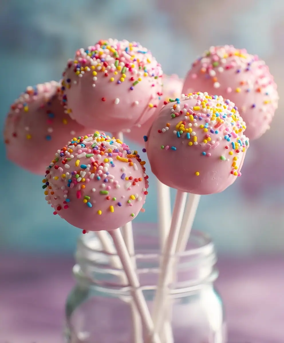 Close-up of birthday cake pops with pink coating and sprinkles, showing moist cake texture