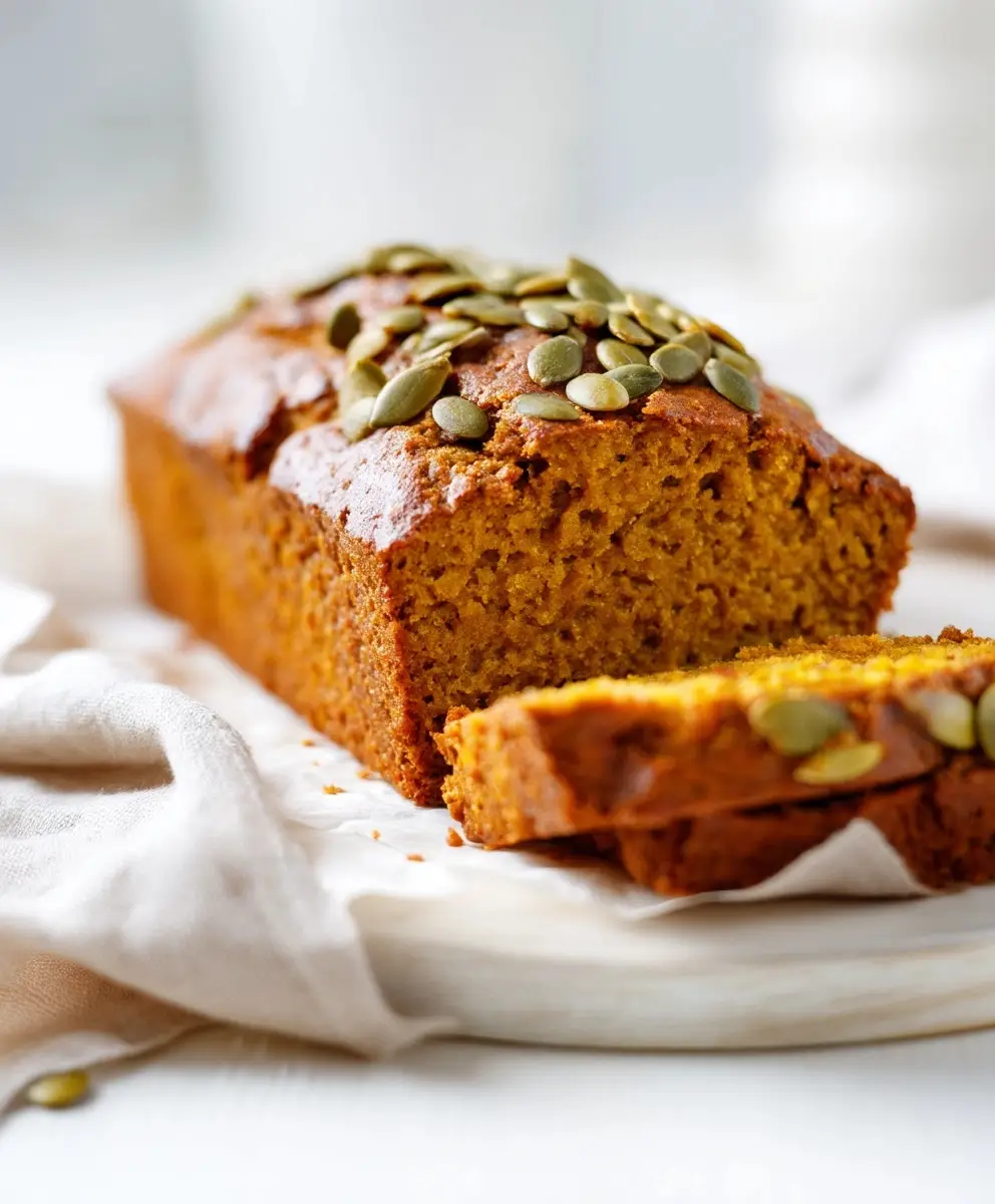 Gluten free pumpkin bread on a light counter in a minimal kitchen