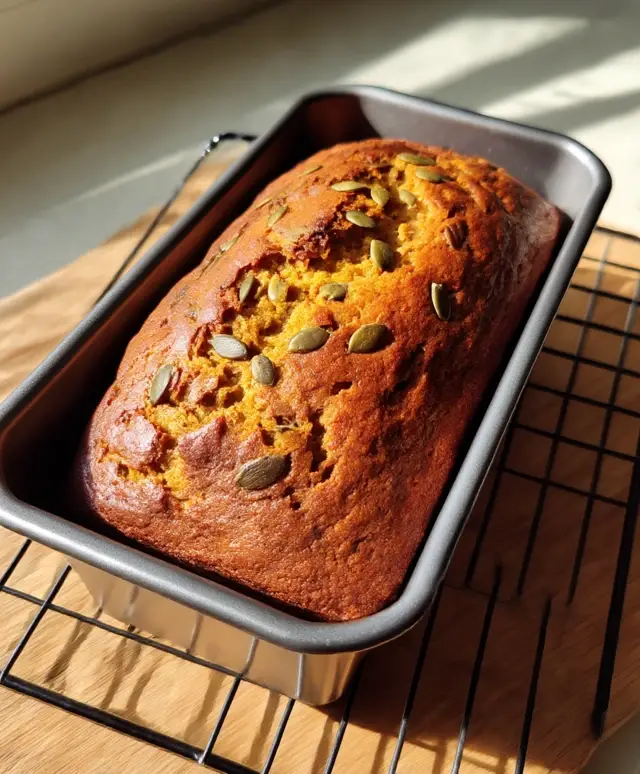 Baked gluten free pumpkin bread in pan with pepitas on top