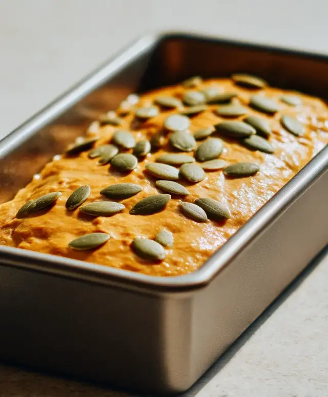 Sprinkling pepitas on top of gluten free pumpkin bread batter