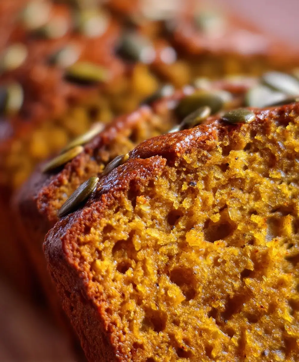 Close-up of gluten free pumpkin bread showing moist crumb texture