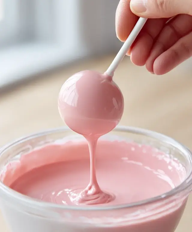 Dipping a cake pop into melted pink candy coating
