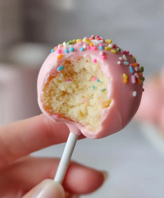 Hand holding bitten pink birthday cake pop showing vanilla center