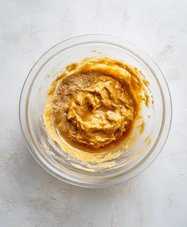 Wet ingredients for gluten free pumpkin bread before mixing in a glass bowl