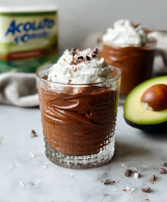 chocolate avocado pudding in textured glass